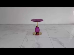 Purple Glasss Top Unique Design Shiny Finish Stainless Steel End Table Gold Metal Base